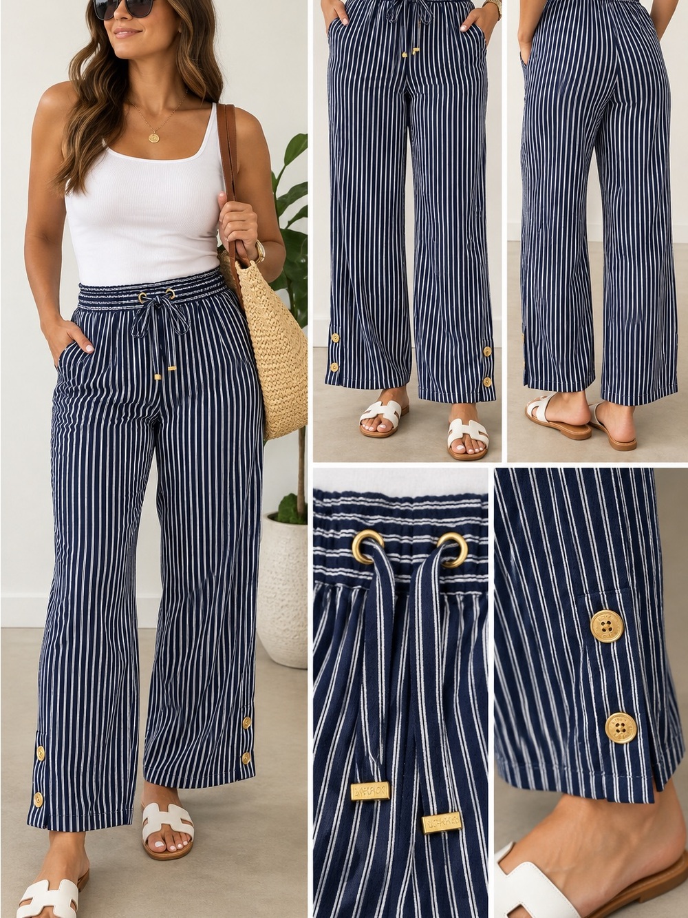 MICHAEL Michael Kors Women’s XL Navy White Striped Wide Leg Pull-On Pants